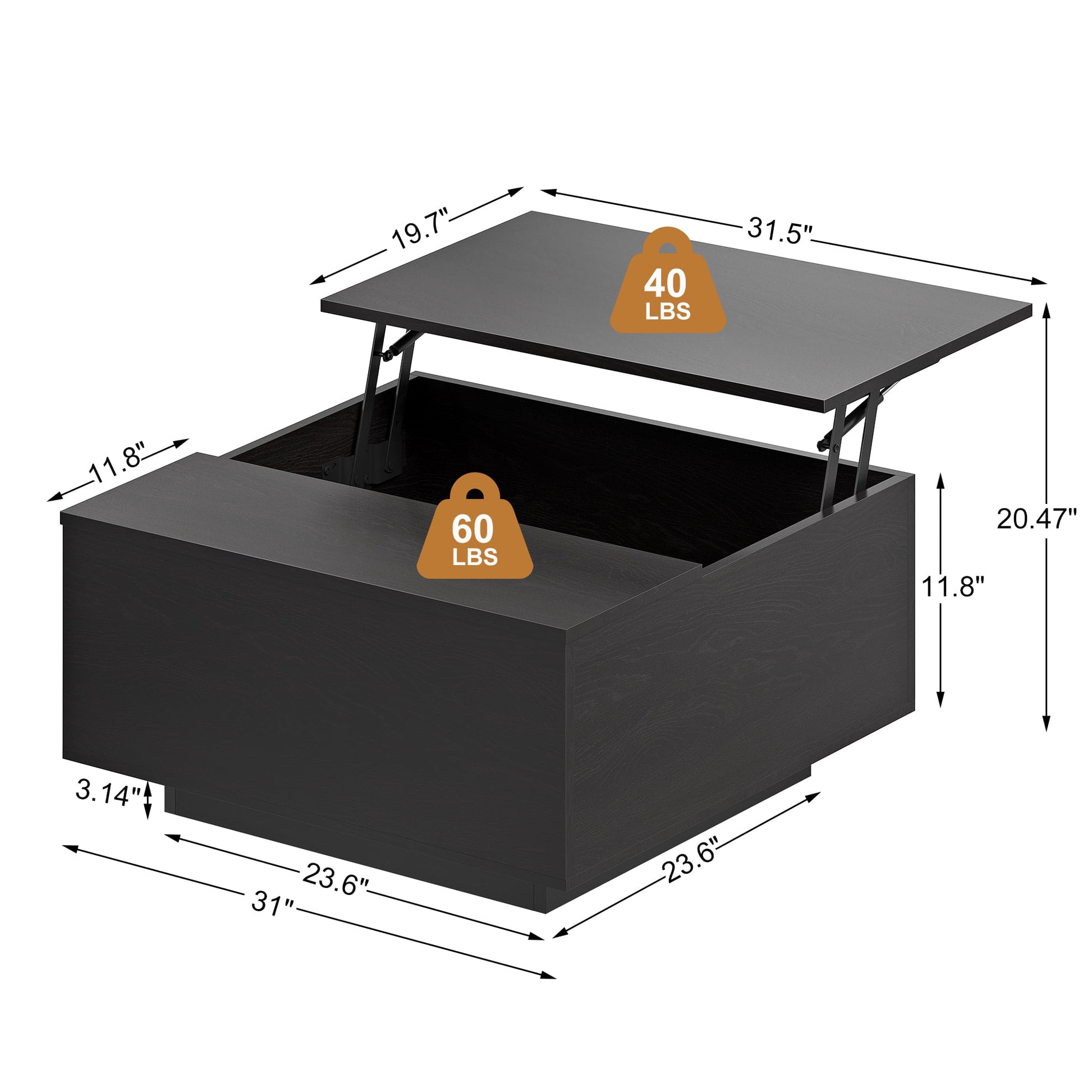 Lift Top Coffee Table with Storage, Square Coffee Table and Modern Farmhouse Center Table for Living Room, Espresso Black