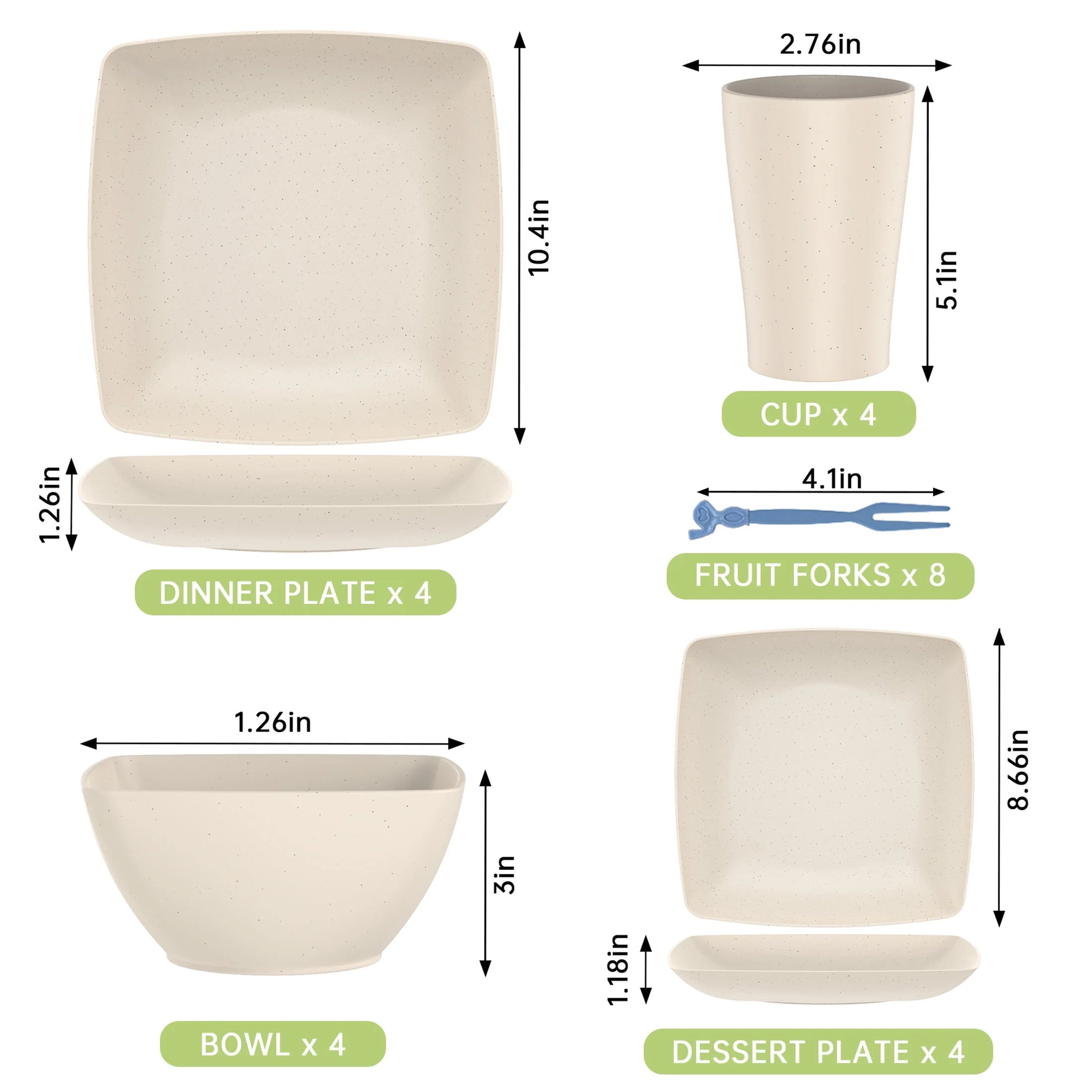 24 Pcs Wheat Straw Square Dinnerware Sets for 4, Unbreakable Dish Sets, Reusable Plates and Bowls Sets, Dinner Plates, Travel Camping Cutlery Set, Dishwasher Microwave Safe, Beige