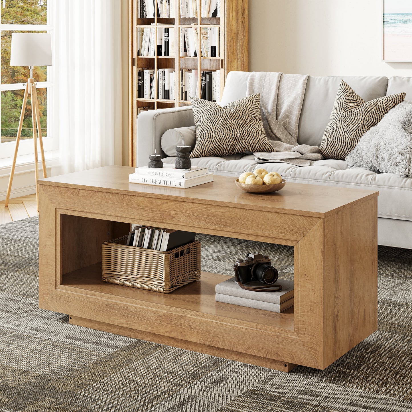 Lift Top Coffee Table with Storage, Wooden Convertible Coffee Table for Living Room, Center Table, Natural Wood