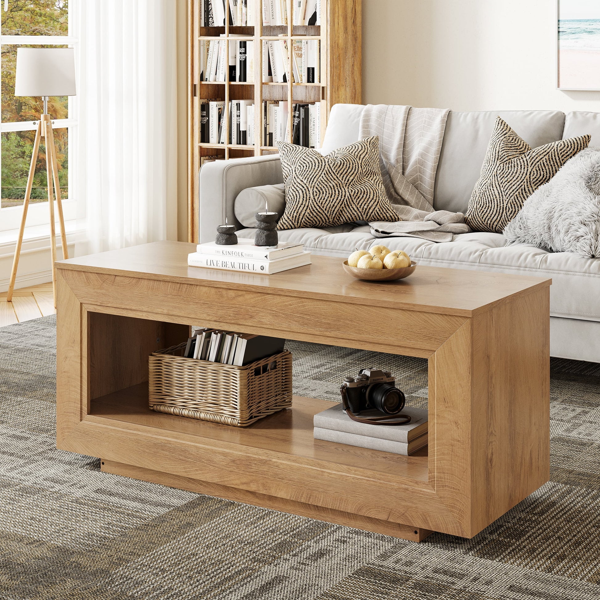 Lift Top Coffee Table with Storage, Wooden Convertible Coffee Table for Living Room, Center Table, Natural Wood