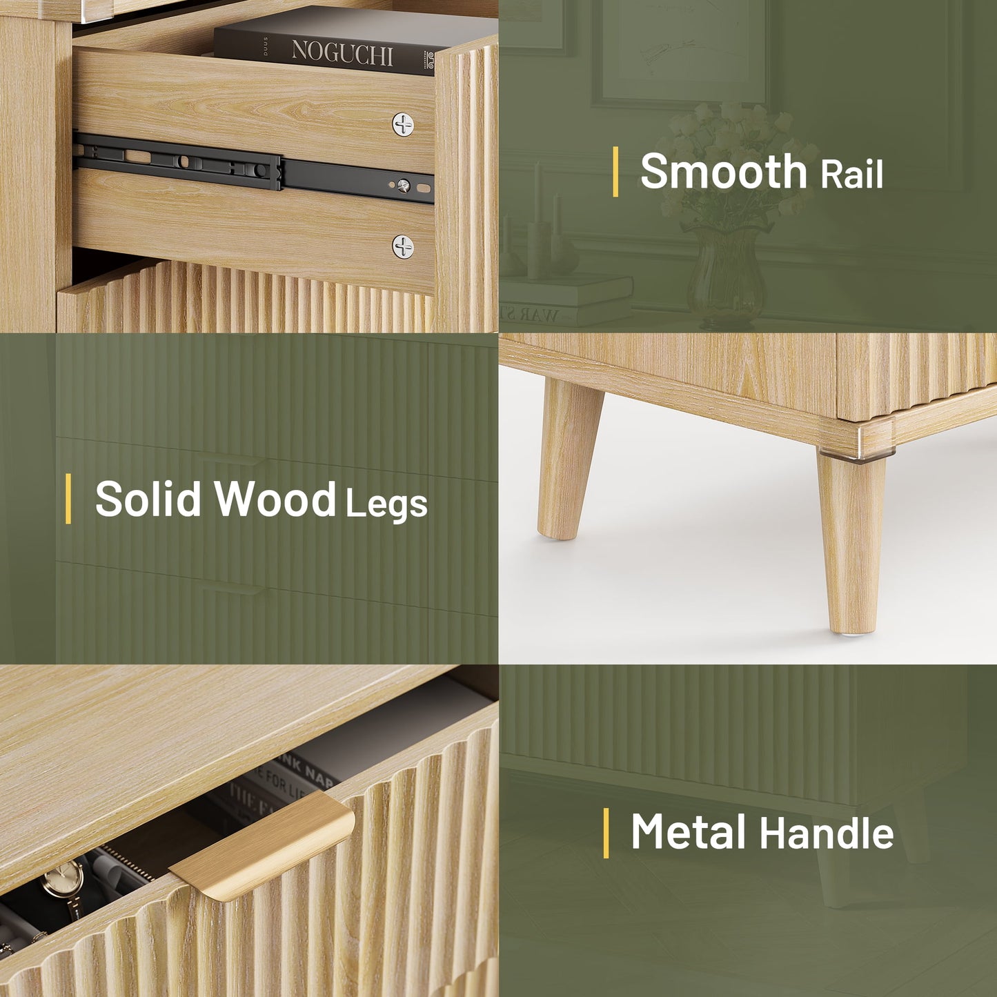 Bedroom Dresser and Nightstand 3 Piece Set - Includes Boho Double 6 Drawer Storage Dresser, Nightstand Set of 2 with Charging Station, Modern Bedroom Set, Natural