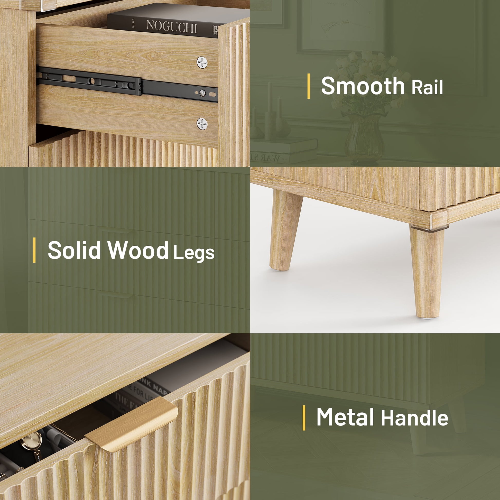 Bedroom Dresser and Nightstand 3 Piece Set - Includes Boho Double 6 Drawer Storage Dresser, Nightstand Set of 2 with Charging Station, Modern Bedroom Set, Natural
