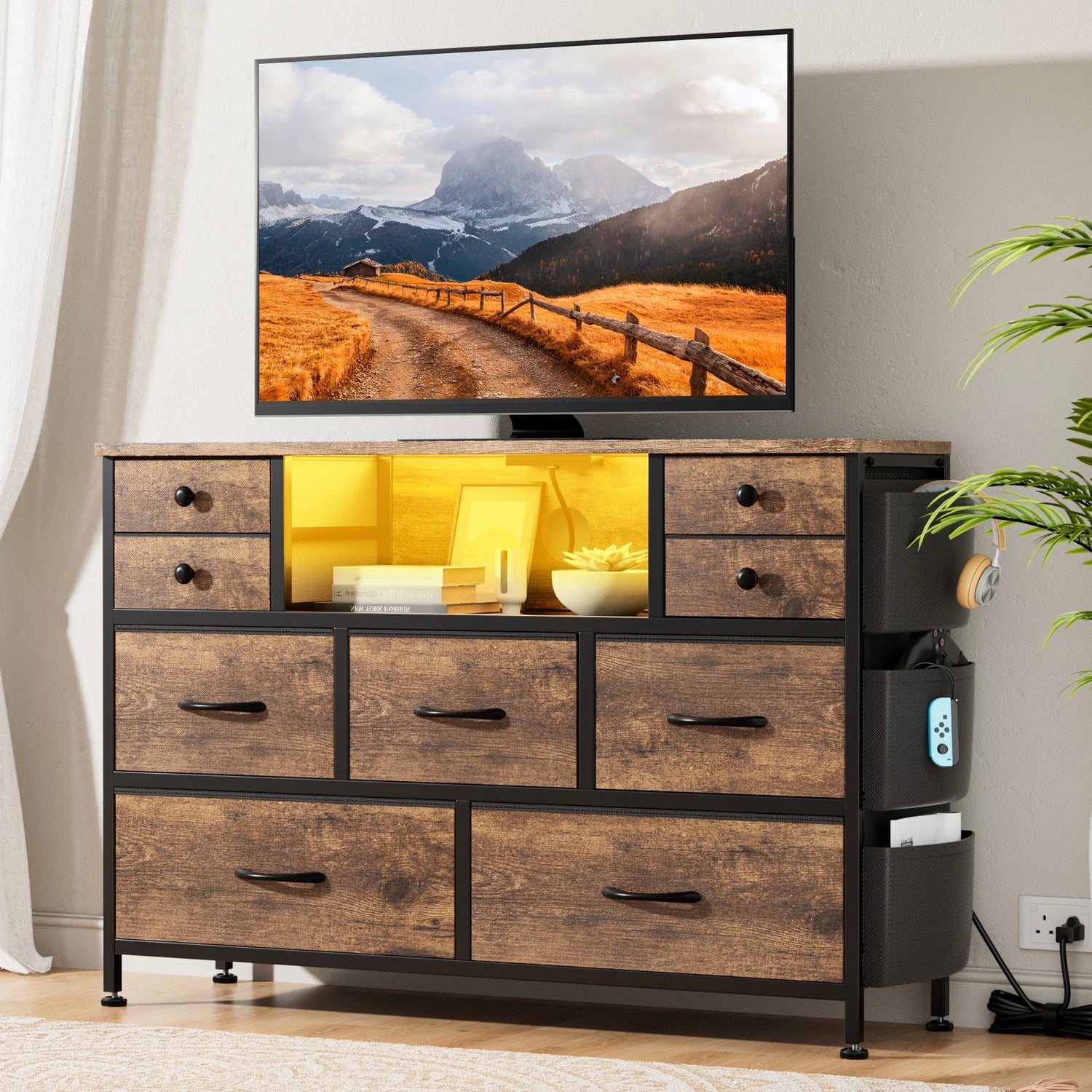 9 Drawer Dresser for Bedroom with Power Outlets LED Lights, Fabric Dresser Brown 