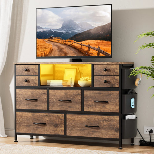 9 Drawer Dresser for Bedroom with Power Outlets LED Lights, Fabric Dresser Brown 