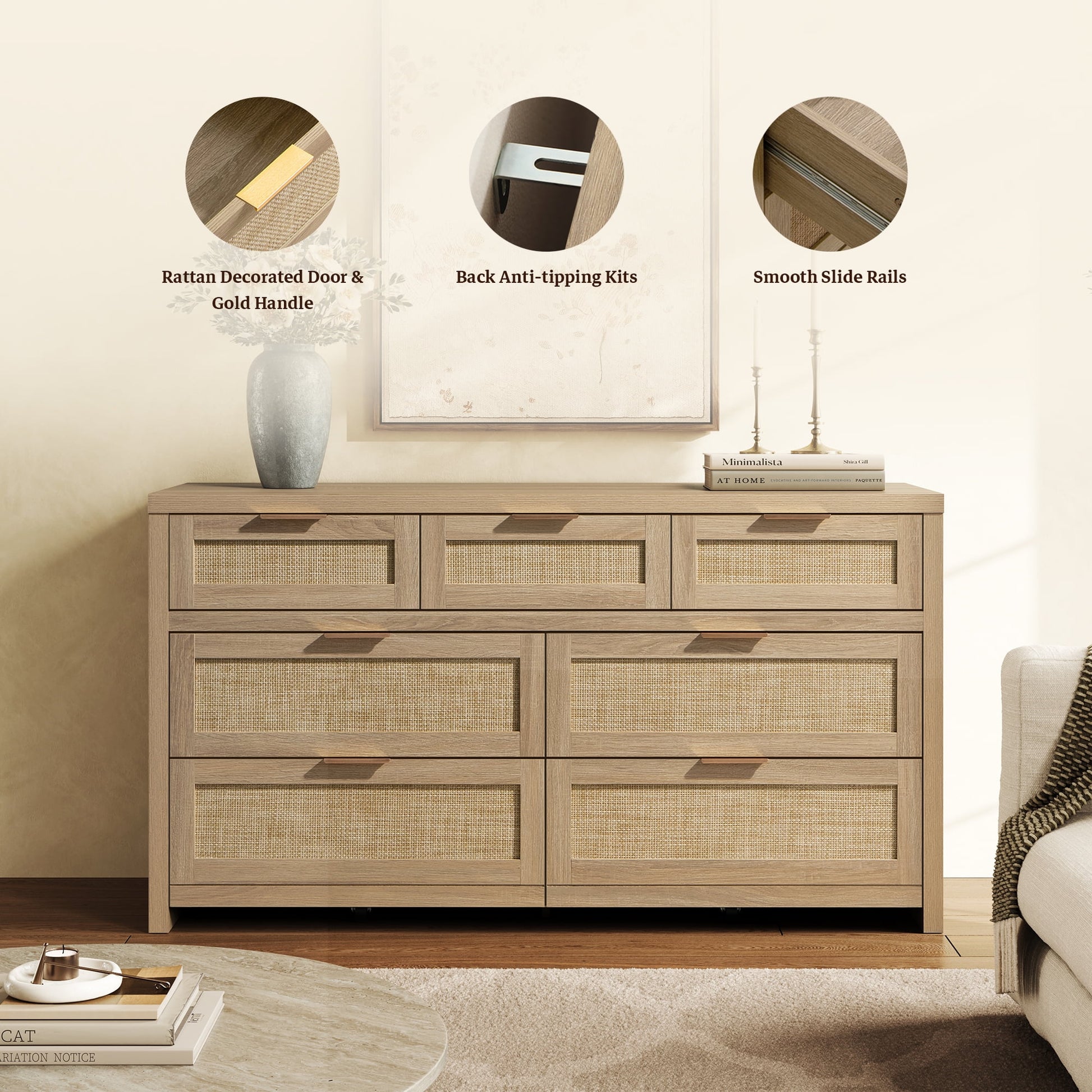 Boho Dresser & Nightstands Set – 7-Drawer Dresser & 3-Drawer Nightstand with Charing Rattan Bderoom Funiture Set with Massive Storage 3 Piece,Light Oak