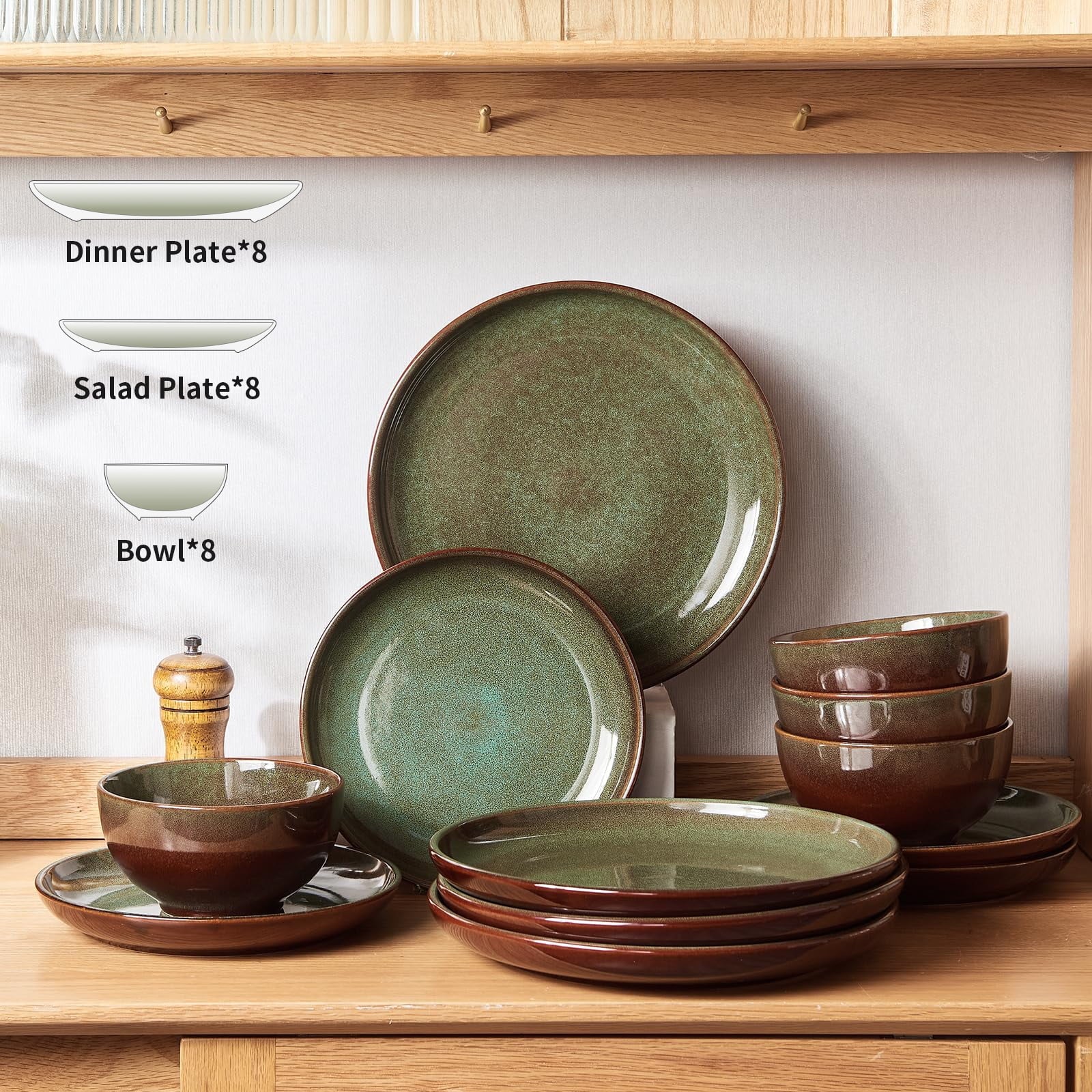 24-Piece Stoneware Dinnerware Sets, Plates and Bowls Dish Sets for 8, Brown Green