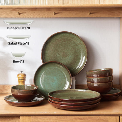 24-Piece Stoneware Dinnerware Sets, Plates and Bowls Dish Sets for 8, Brown Green