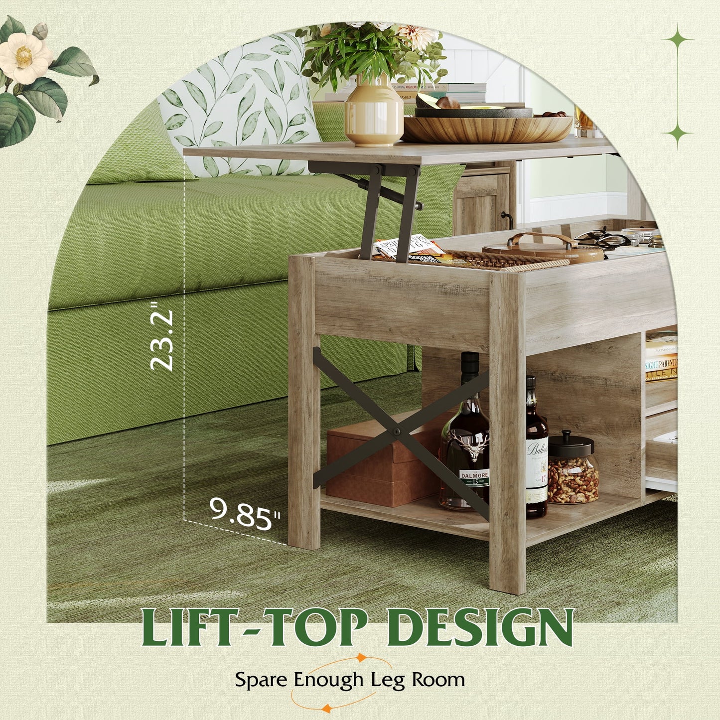 Coffee Table, 39" Lift Top Coffee Table with Hidden Compartment, Storage Drawers and Storage Shelf for Living Room, Reception Room Greige