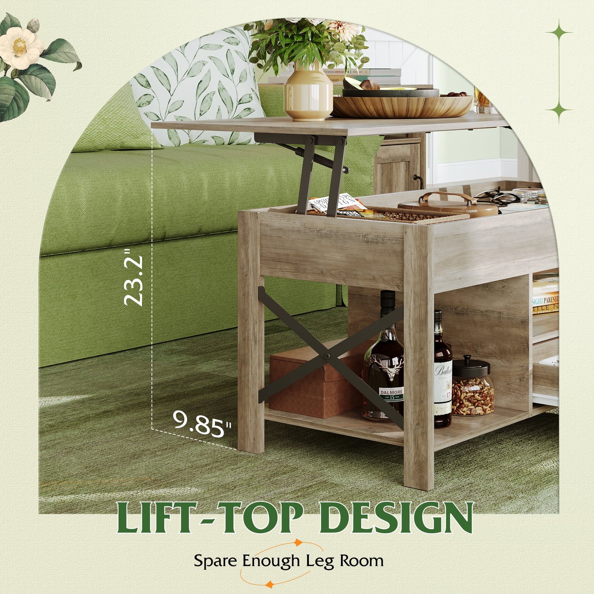 Coffee Table, 39" Lift Top Coffee Table with Hidden Compartment, Storage Drawers and Storage Shelf for Living Room, Reception Room Greige
