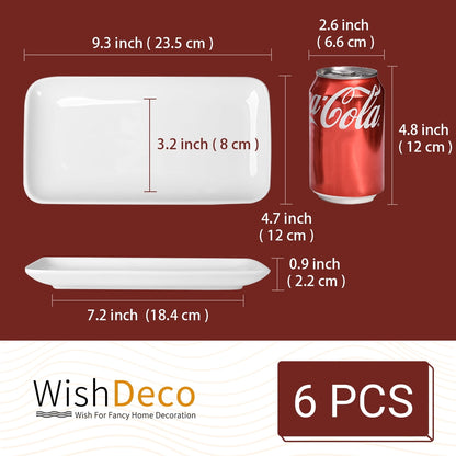 Small Rectangle Plates Set of 6, White Serving Platters 9 Inch, Ceramic Sushi Plates, Serving Plate for Appetizer, Dessert, Party, Microwave Safe