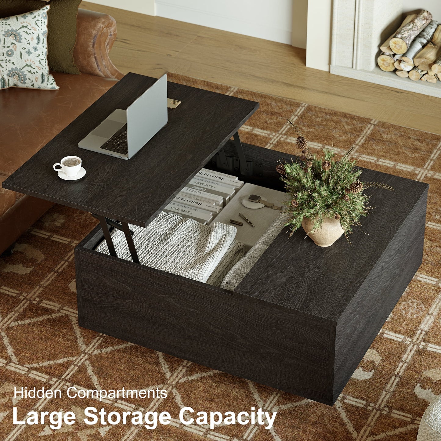 Lift Top Coffee Table with Storage, Square Coffee Table and Modern Farmhouse Center Table for Living Room, Espresso Black