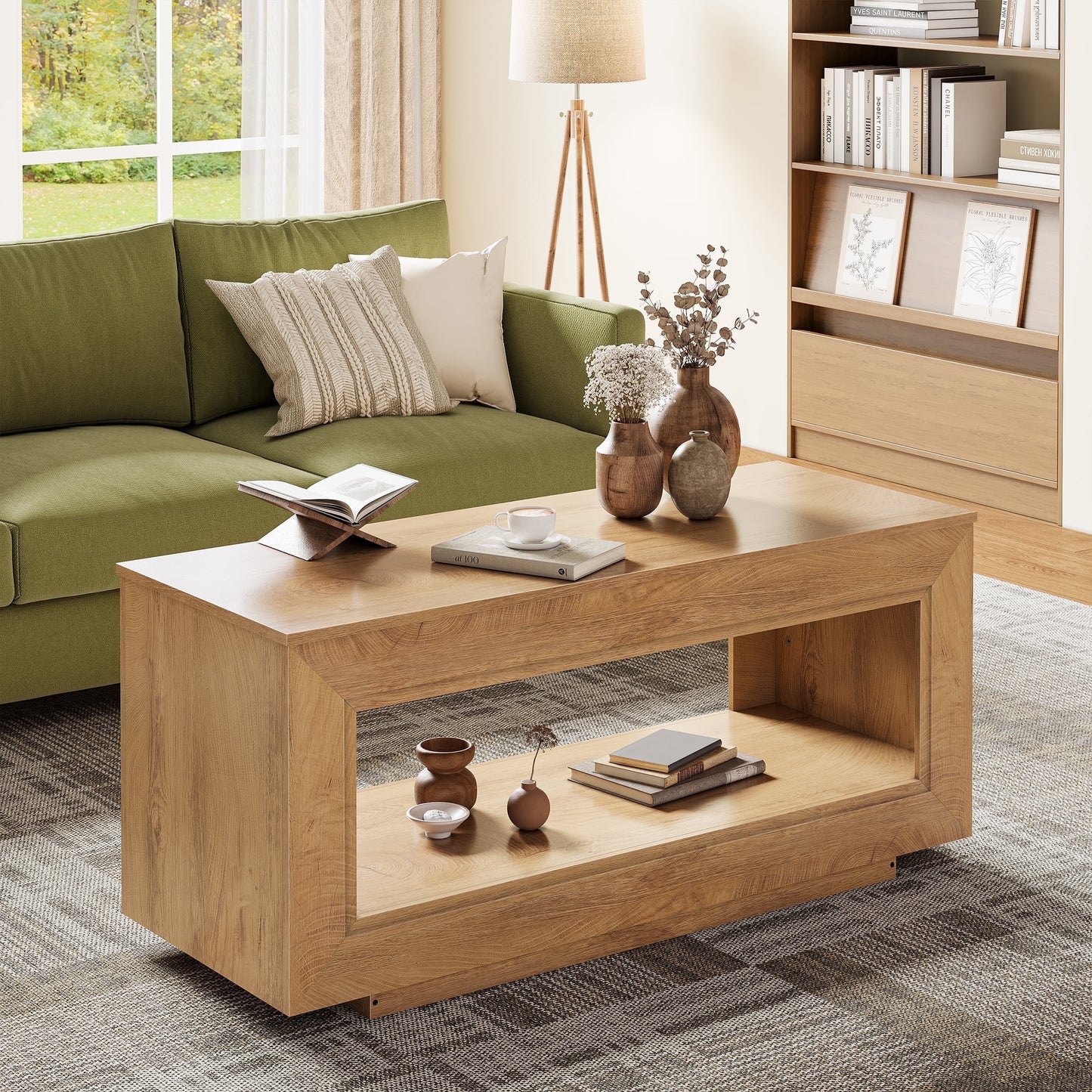 Lift Top Coffee Table with Storage, Wooden Convertible Coffee Table for Living Room, Center Table, Natural Wood