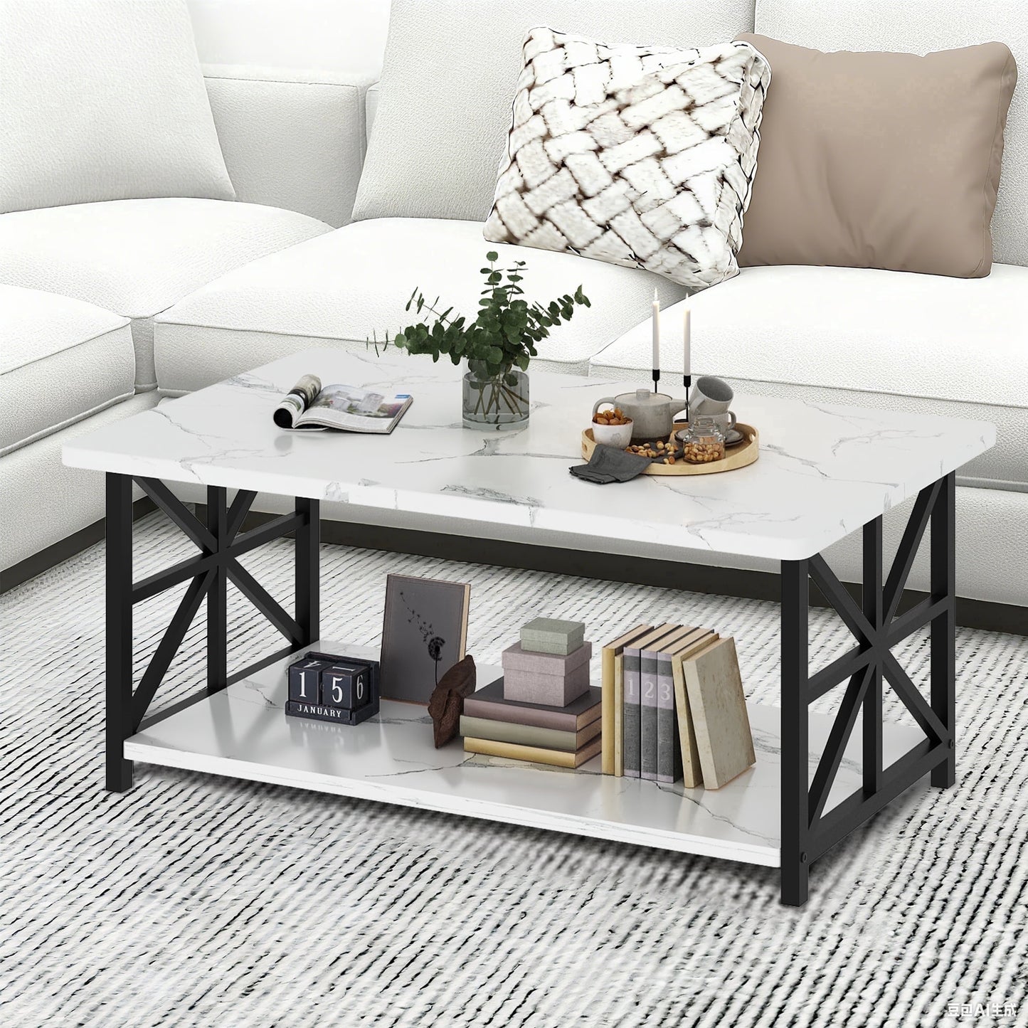 Faux Marble Coffee Table with Storage Shelves, 2-Tier Storage Rectangular Living Room Center Table, Metal Base Sturdy Modern Coffee Tea Table for Living Room, Apartment, Office, White