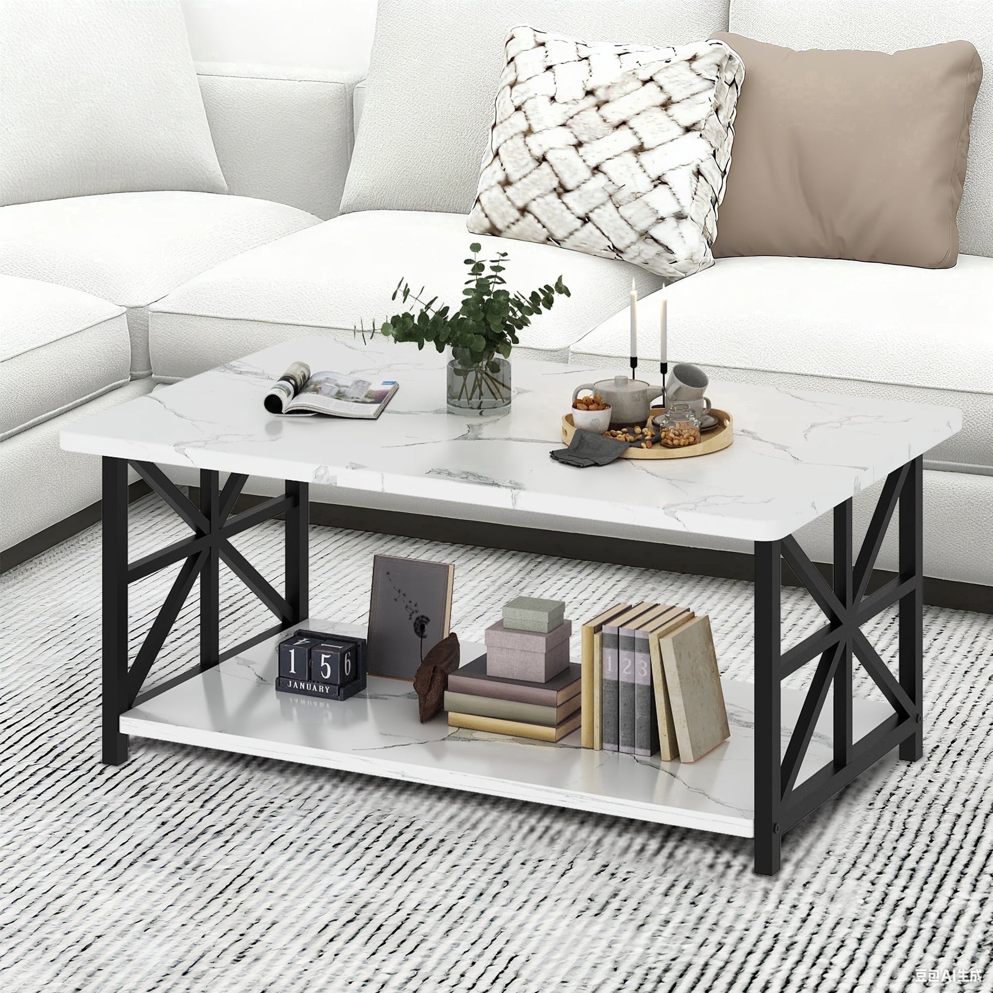 Faux Marble Coffee Table with Storage Shelves, 2-Tier Storage Rectangular Living Room Center Table, Metal Base Sturdy Modern Coffee Tea Table for Living Room, Apartment, Office, White