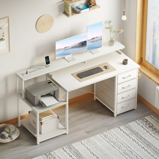 55 Inch Computer Desk with USB Ports and Power Outlets, Printer Shelf, 4 Drawers & Storage Shelf, Home Office Desks, White
