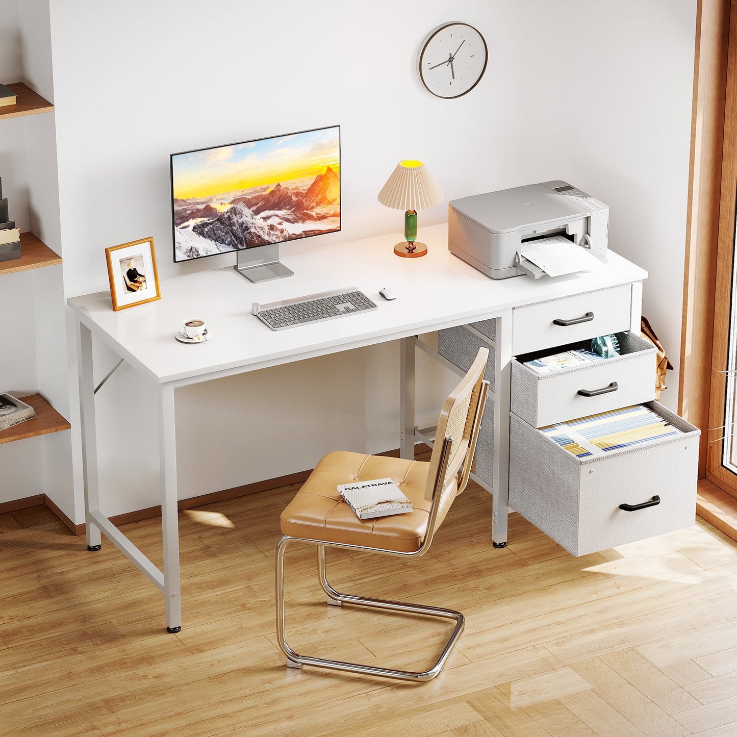 Computer Desk with Fabric Drawers & File Cabinet, Home Office Desk with Cloth Storage Bag and Hook, Vanity Desk for Bedroom, White