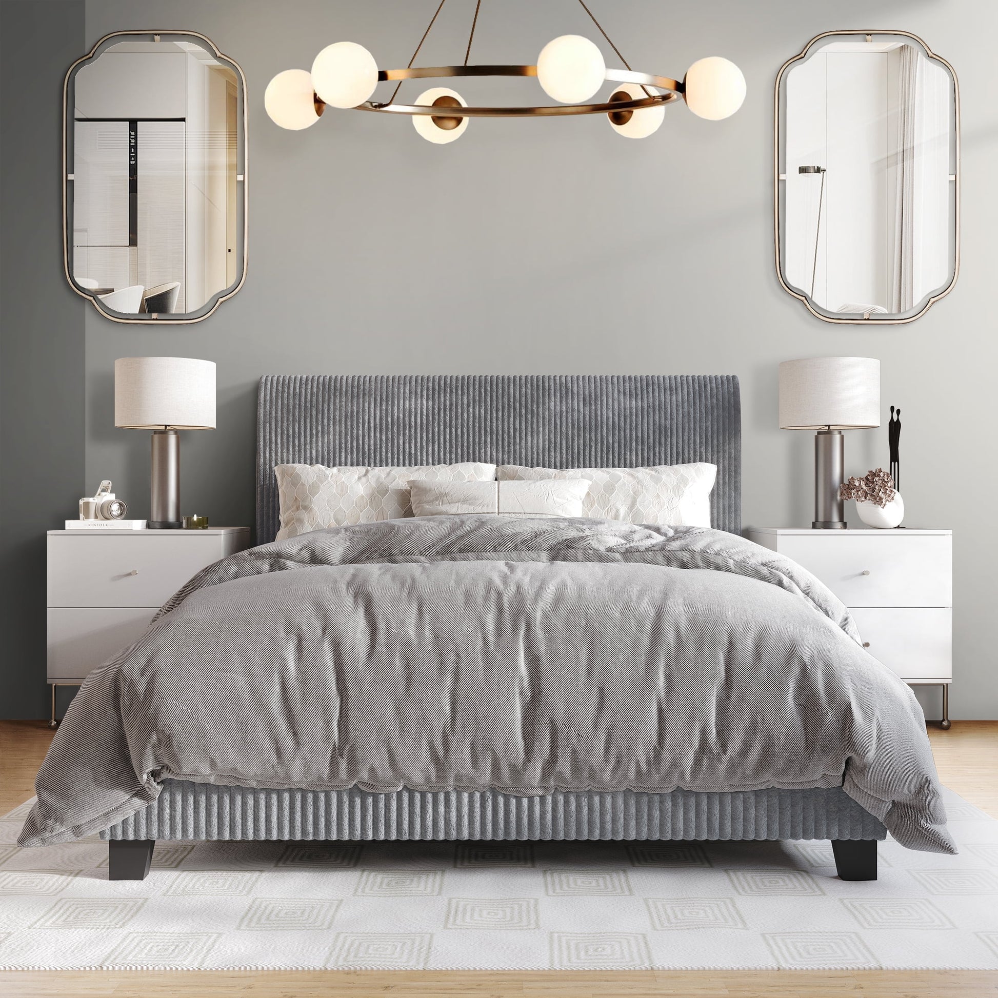 Chic Corduroy Velvet Upholstered Full Bed, Grey