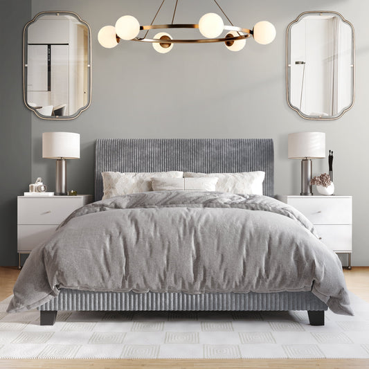 Chic Corduroy Velvet Upholstered Full Bed, Grey