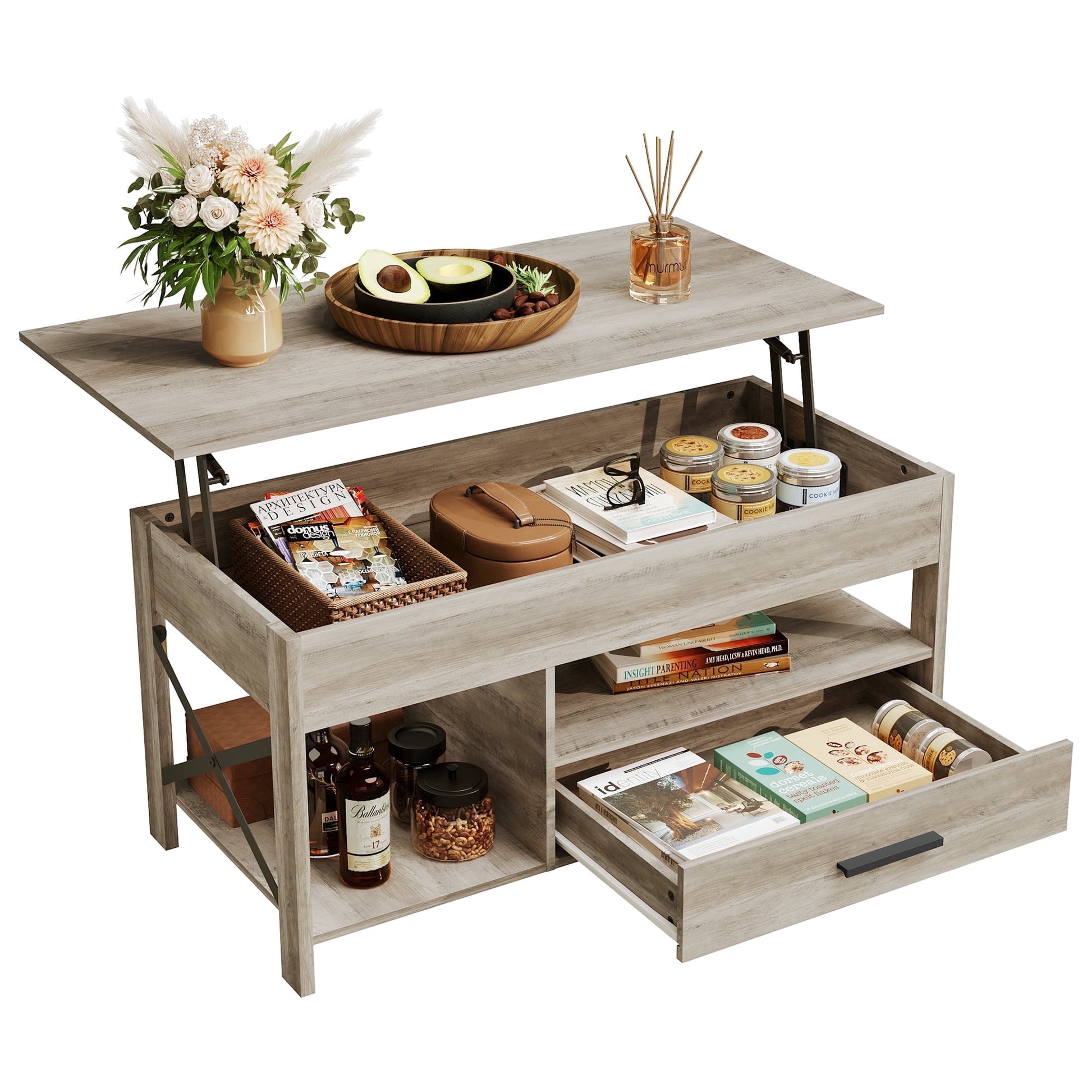Coffee Table, 39" Lift Top Coffee Table with Hidden Compartment, Storage Drawers and Storage Shelf for Living Room, Reception Room Greige