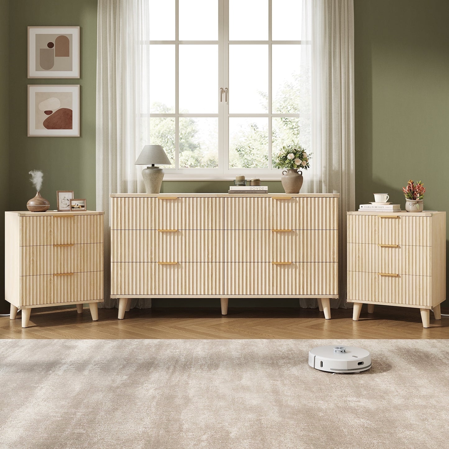 Bedroom Dresser and Nightstand 3 Piece Set - Includes Boho Double 6 Drawer Storage Dresser, Nightstand Set of 2 with Charging Station, Modern Bedroom Set, Natural