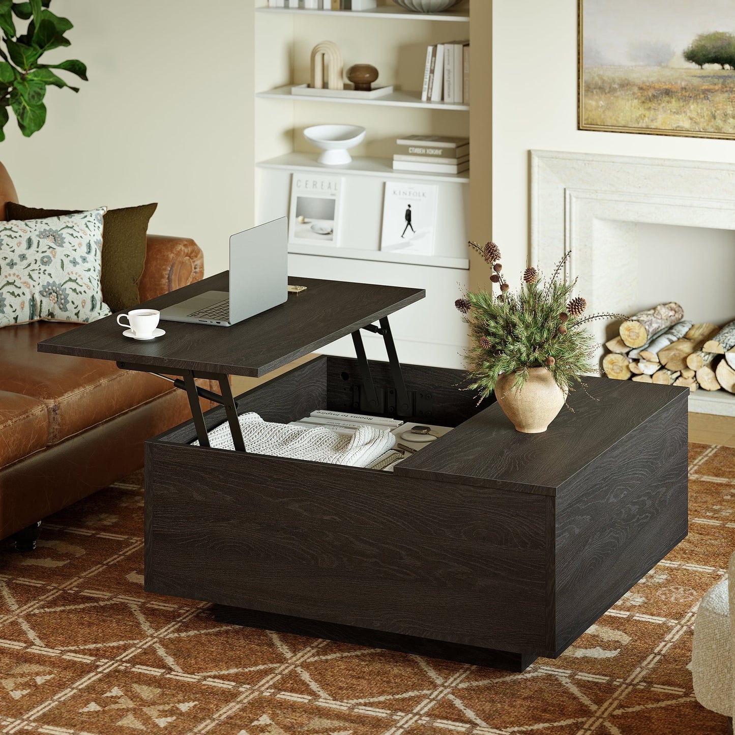 Lift Top Coffee Table with Storage, Square Coffee Table and Modern Farmhouse Center Table for Living Room, Espresso Black