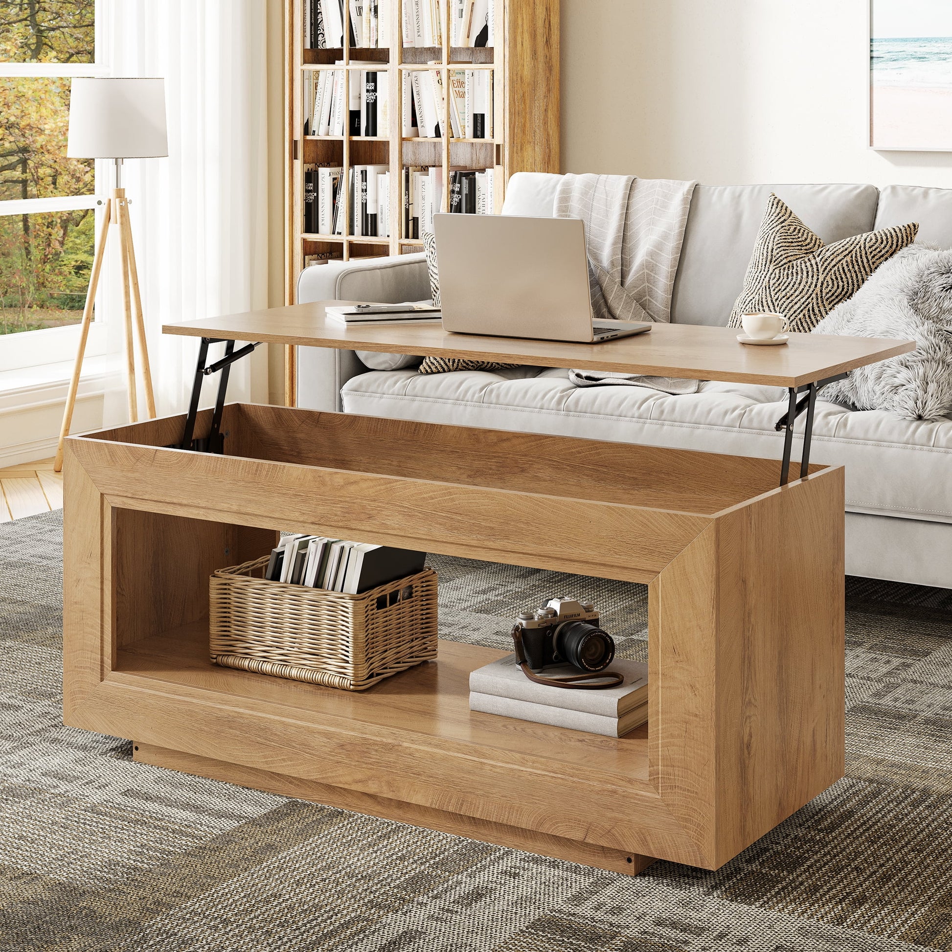 Lift Top Coffee Table with Storage, Wooden Convertible Coffee Table for Living Room, Center Table, Natural Wood