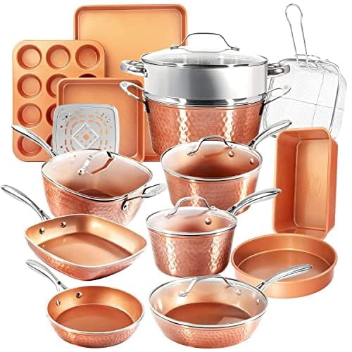 Hammered 20 Pc Ceramic Cookware Set Nonstick, Induction Pots and Pans Set, Non Toxic Cookware Sets, Oven & Dishwasher Safe, Copper