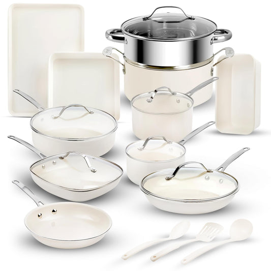 TRUE VALUE 20 Pc Ceramic Pots and Pans Set Non Stick, Ceramic Cookware Set with Bakeware, Pot and Pan Set with Utensils, Non Stick Pots and Pan Set, Oven & Dishwasher Safe, Cream
