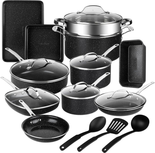 20 Pc Complete Pots and Pans Set Non Stick, Pot and Pan Set Cookware Set with Deep Frying Pan and Bakeware, Non Stick Pots and Pan Set with Utensils, Oven/Dishwasher Safe, Black