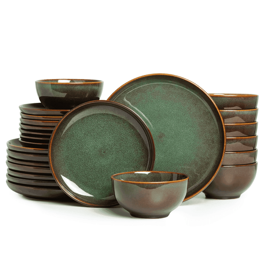 24-Piece Stoneware Dinnerware Sets, Plates and Bowls Dish Sets for 8, Brown Green