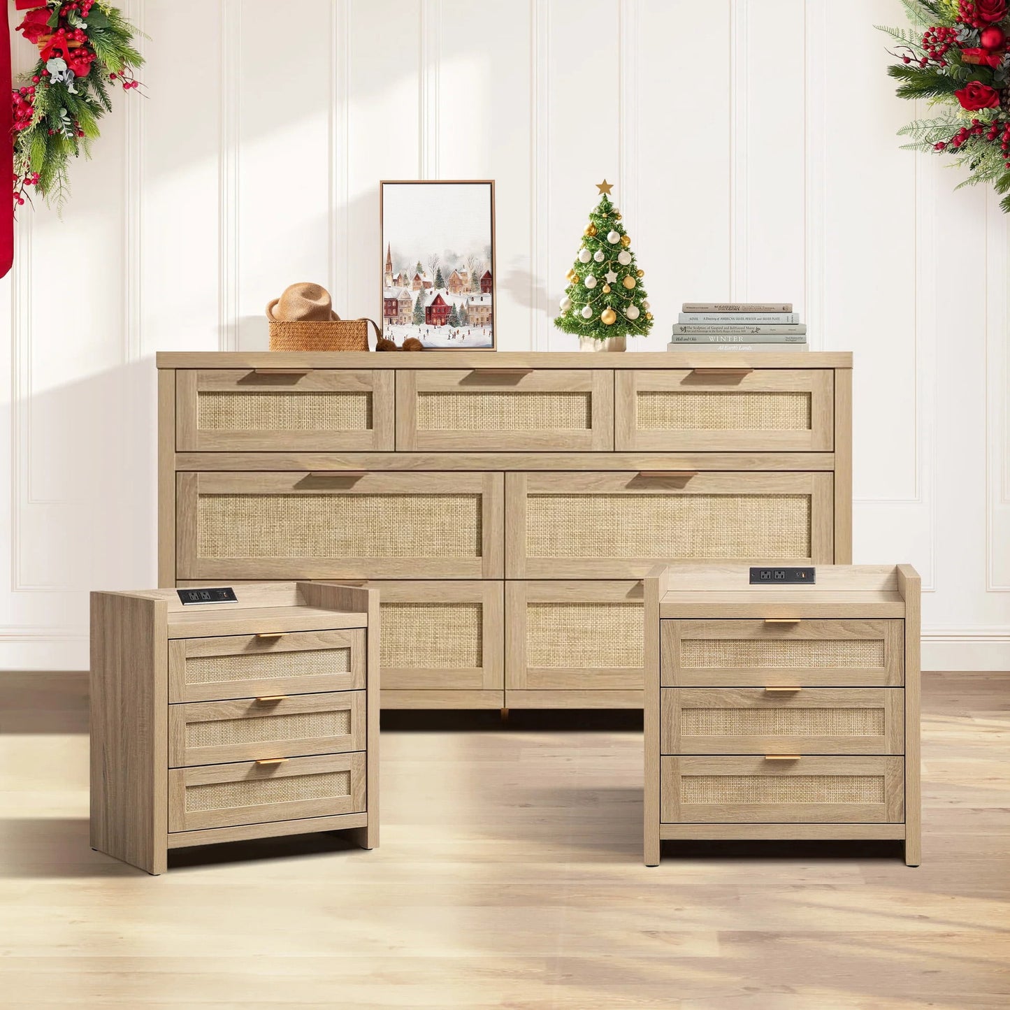 Boho Dresser & Nightstands Set – 7-Drawer Dresser & 3-Drawer Nightstand with Charing Rattan Bderoom Funiture Set with Massive Storage 3 Piece,Light Oak