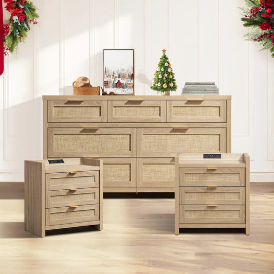 Boho Dresser & Nightstands Set – 7-Drawer Dresser & 3-Drawer Nightstand with Charing Rattan Bderoom Funiture Set with Massive Storage 3 Piece,Light Oak