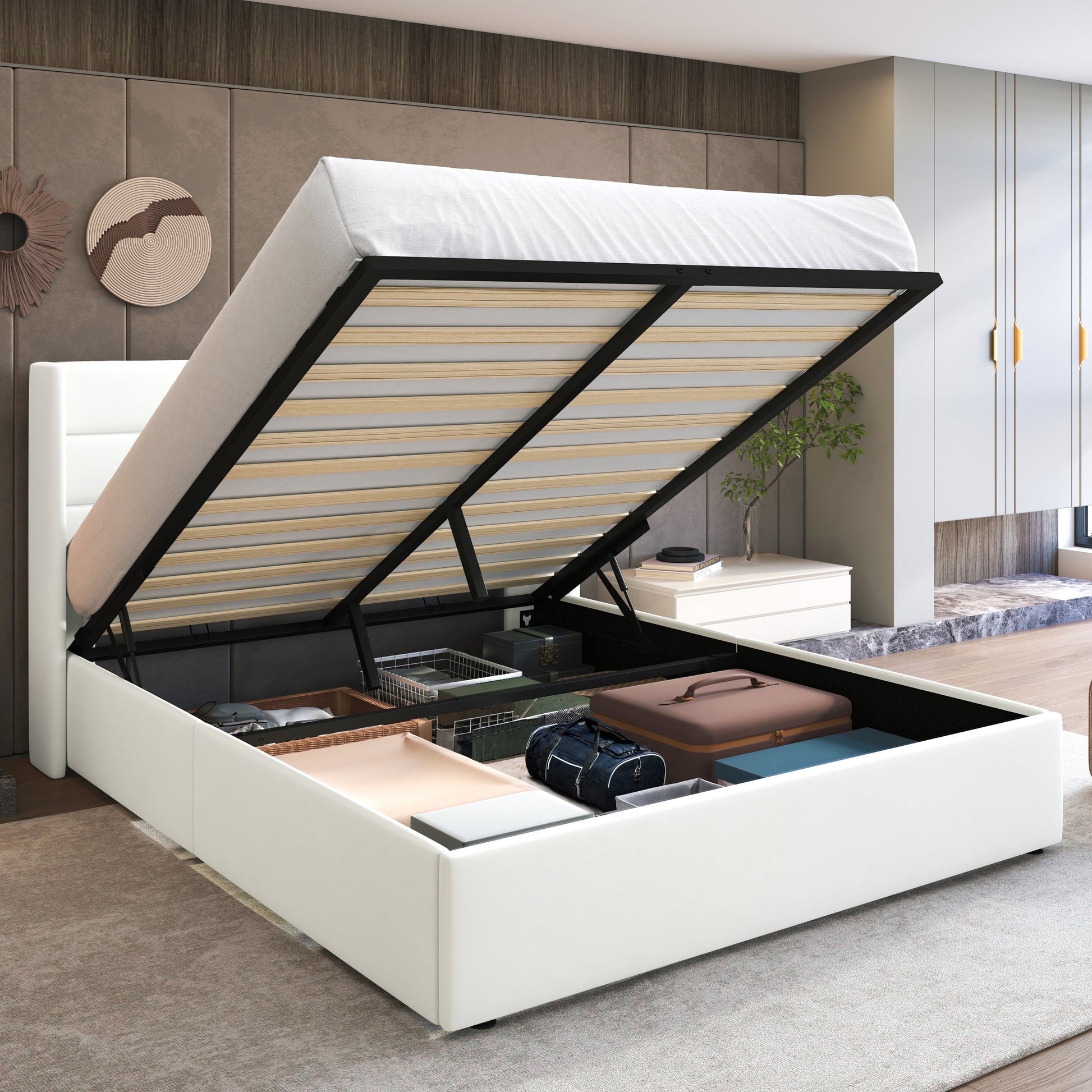Queen Size Velvet Lift up Hydraulic Storage Bed Frame, Platform Bed with Upholstered Wingback Headboard, No Box Spring Needed, White