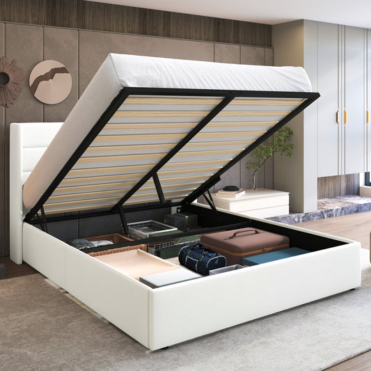 Queen Size Velvet Lift up Hydraulic Storage Bed Frame, Platform Bed with Upholstered Wingback Headboard, No Box Spring Needed, White