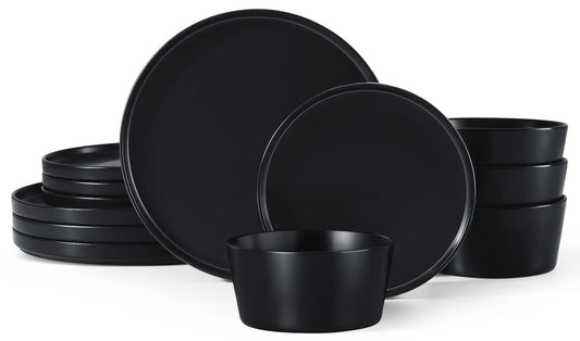 Stoneware Dinnerware Sets, 12 Piece Plates and Bowls Set for 4, Serving Plates and Bowls Dish Sets, Microwave & Dishwasher Safe - Matte Black