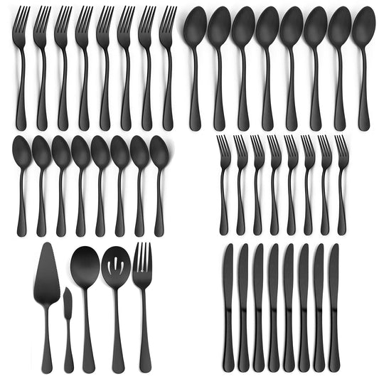 45 Pieces Black Silverware Set with Serving Utensils, Stainless Steel Modern Flatware Cutlery Set for 8, Eating Utensils Tableware Include Forks Knives Spoons, Mirror Polished