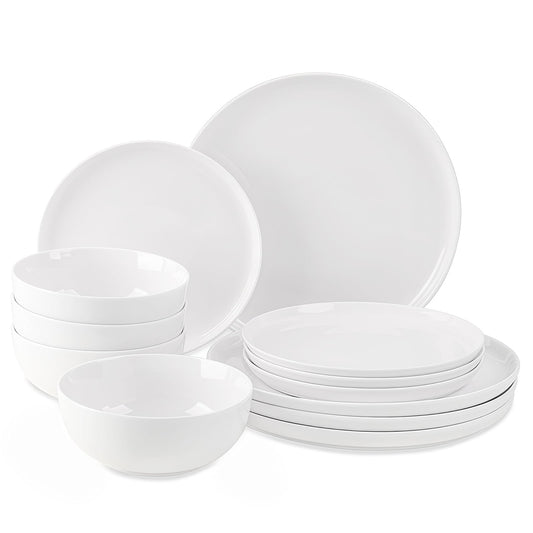 Plates and Bowls Sets, 12 Pieces Dinnerware Sets, Ceramic Dishes Set for 4, White Kitchen Dishware Set, Microwave and Dishwasher Safe