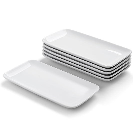 Small Rectangle Plates Set of 6, White Serving Platters 9 Inch, Ceramic Sushi Plates, Serving Plate for Appetizer, Dessert, Party, Microwave Safe