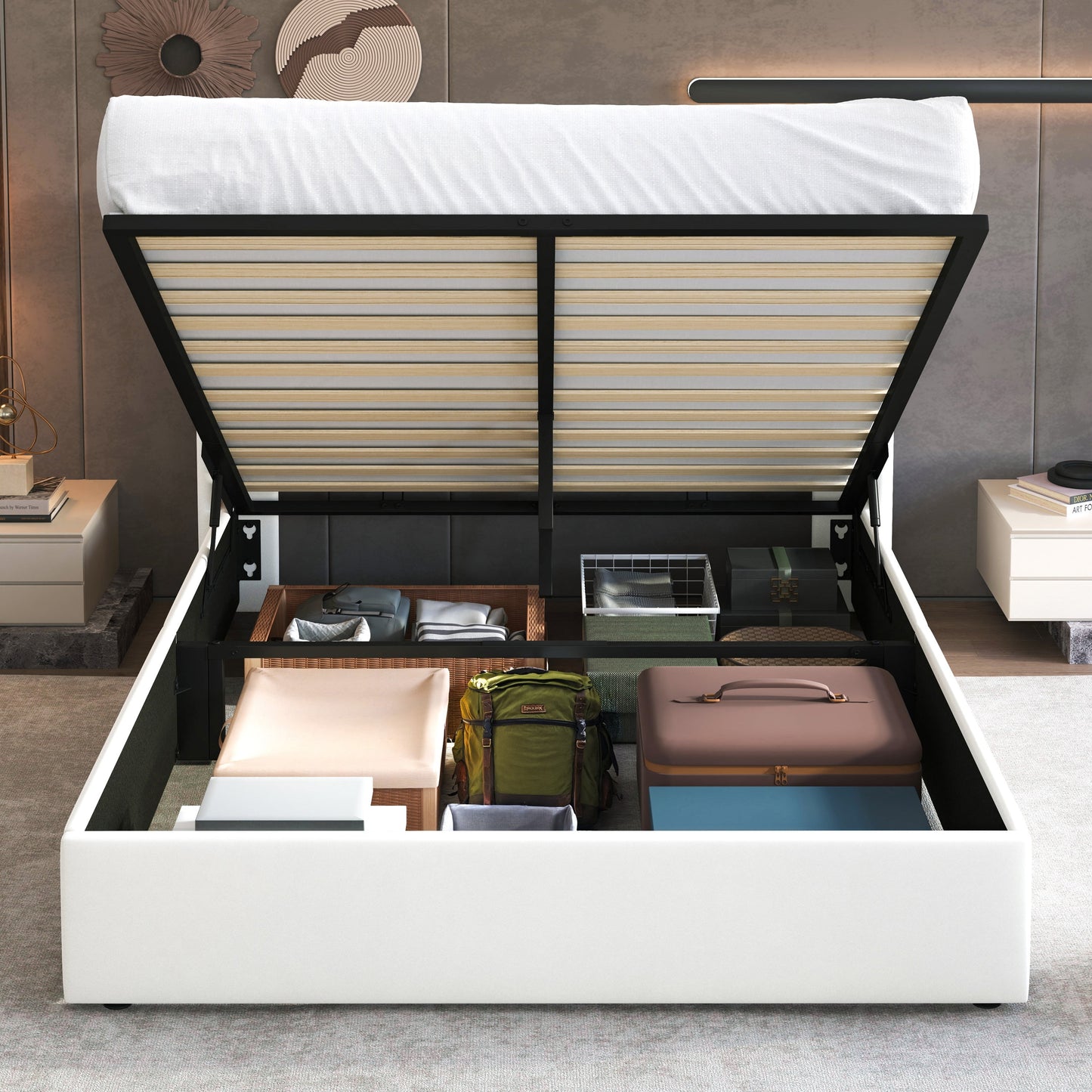 Queen Size Velvet Lift up Hydraulic Storage Bed Frame, Platform Bed with Upholstered Wingback Headboard, No Box Spring Needed, White