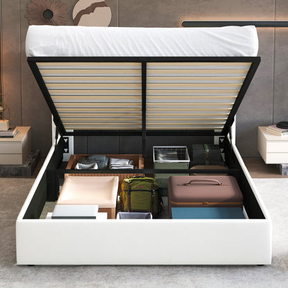 Queen Size Velvet Lift up Hydraulic Storage Bed Frame, Platform Bed with Upholstered Wingback Headboard, No Box Spring Needed, White