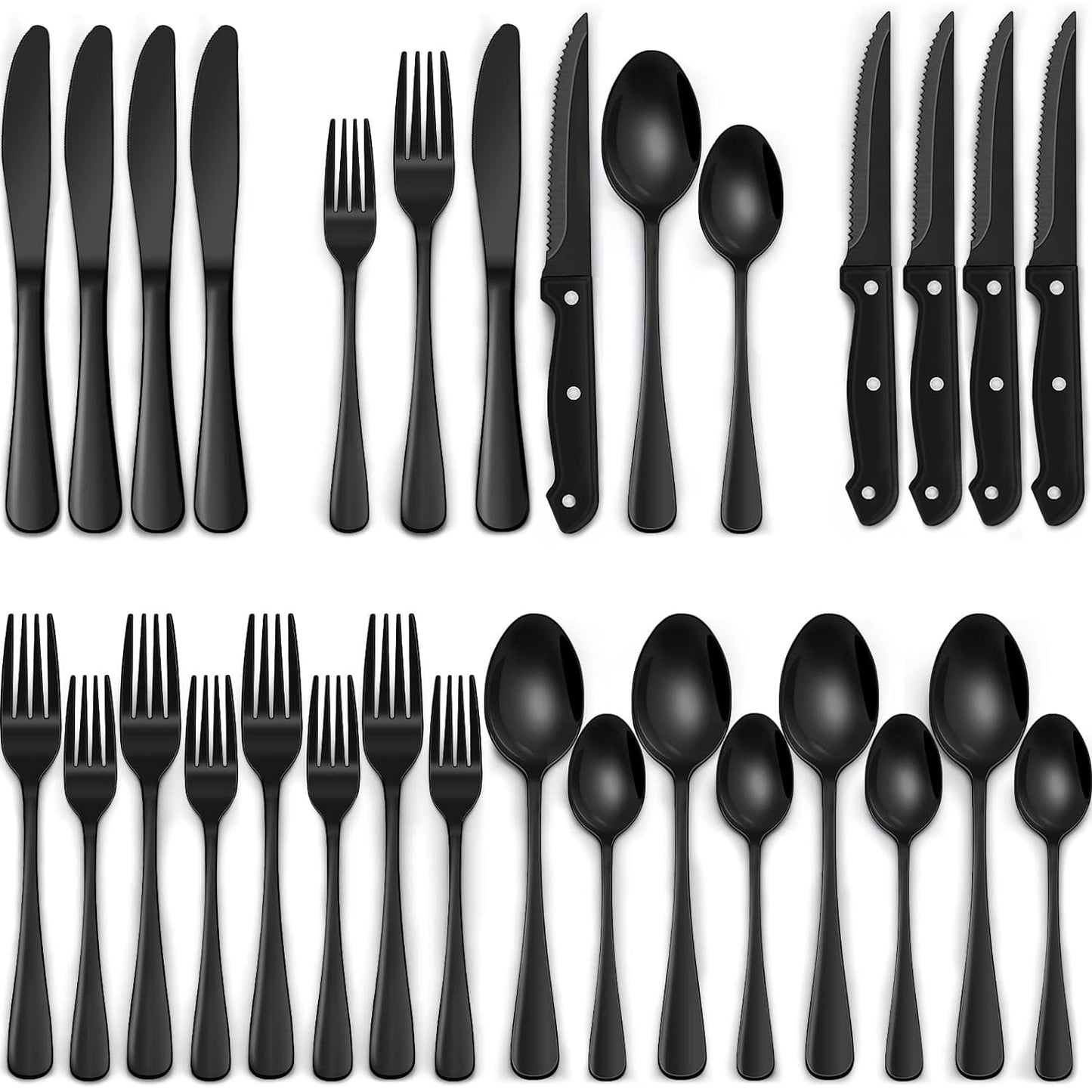 24-Piece Black Silverware Set with Steak Knives,  Black Flatware Set for 4, Food-Grade Stainless Steel Tableware Cutlery Set, Mirror Finished Utensil Sets for Home Restaurant