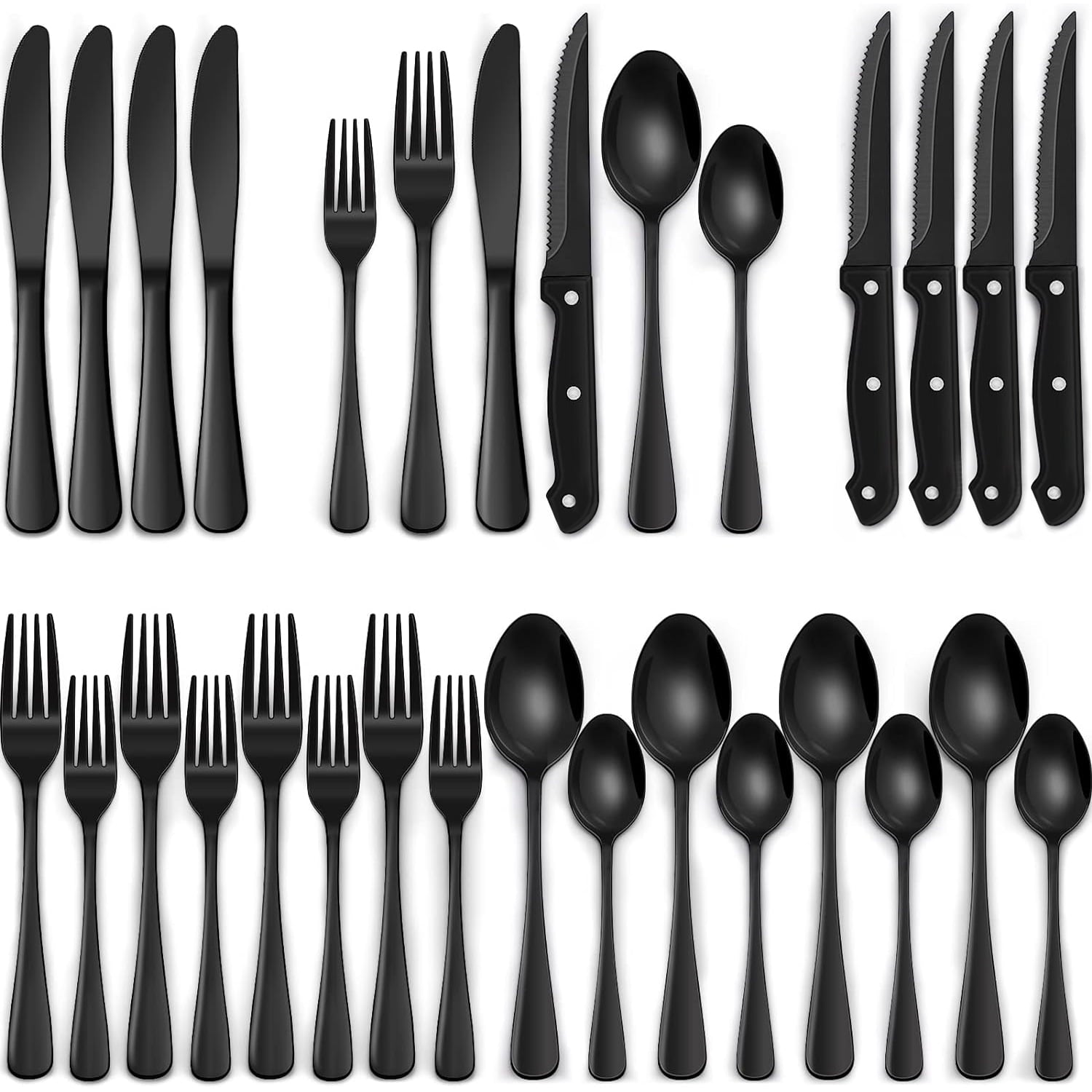 24-Piece Black Silverware Set with Steak Knives,  Black Flatware Set for 4, Food-Grade Stainless Steel Tableware Cutlery Set, Mirror Finished Utensil Sets for Home Restaurant