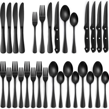 24-Piece Black Silverware Set with Steak Knives,  Black Flatware Set for 4, Food-Grade Stainless Steel Tableware Cutlery Set, Mirror Finished Utensil Sets for Home Restaurant