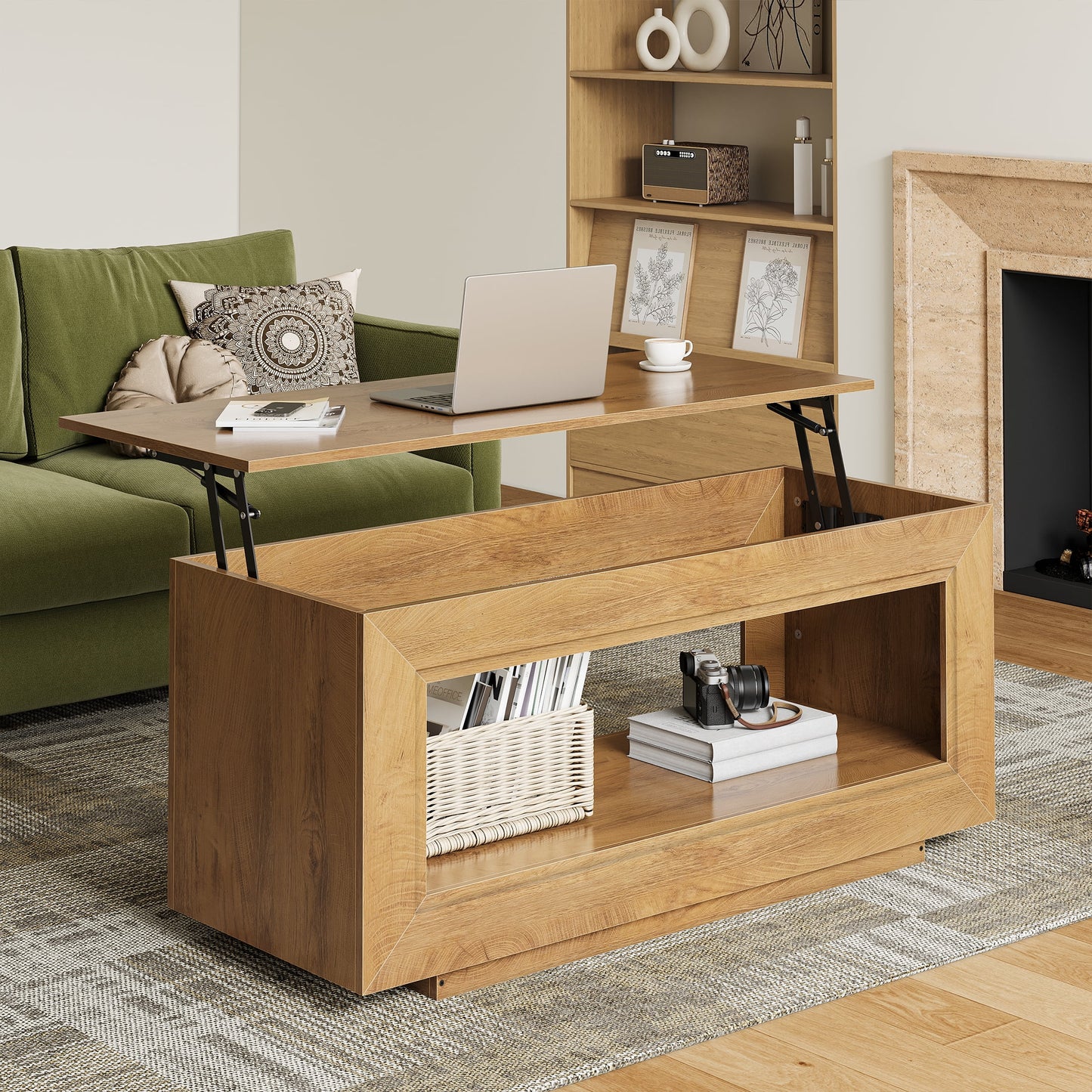 Lift Top Coffee Table with Storage, Wooden Convertible Coffee Table for Living Room, Center Table, Natural Wood
