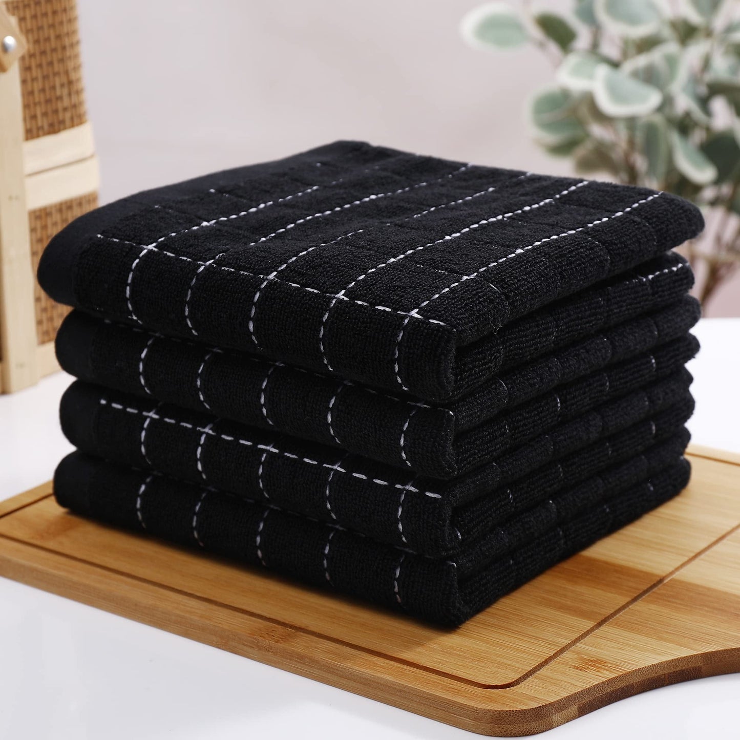 100% Cotton Terry Kitchen Towels(Black, 13 X 28 Inches), Checkered Designed, Soft and Super Absorbent Dish Towels, 4 Pack