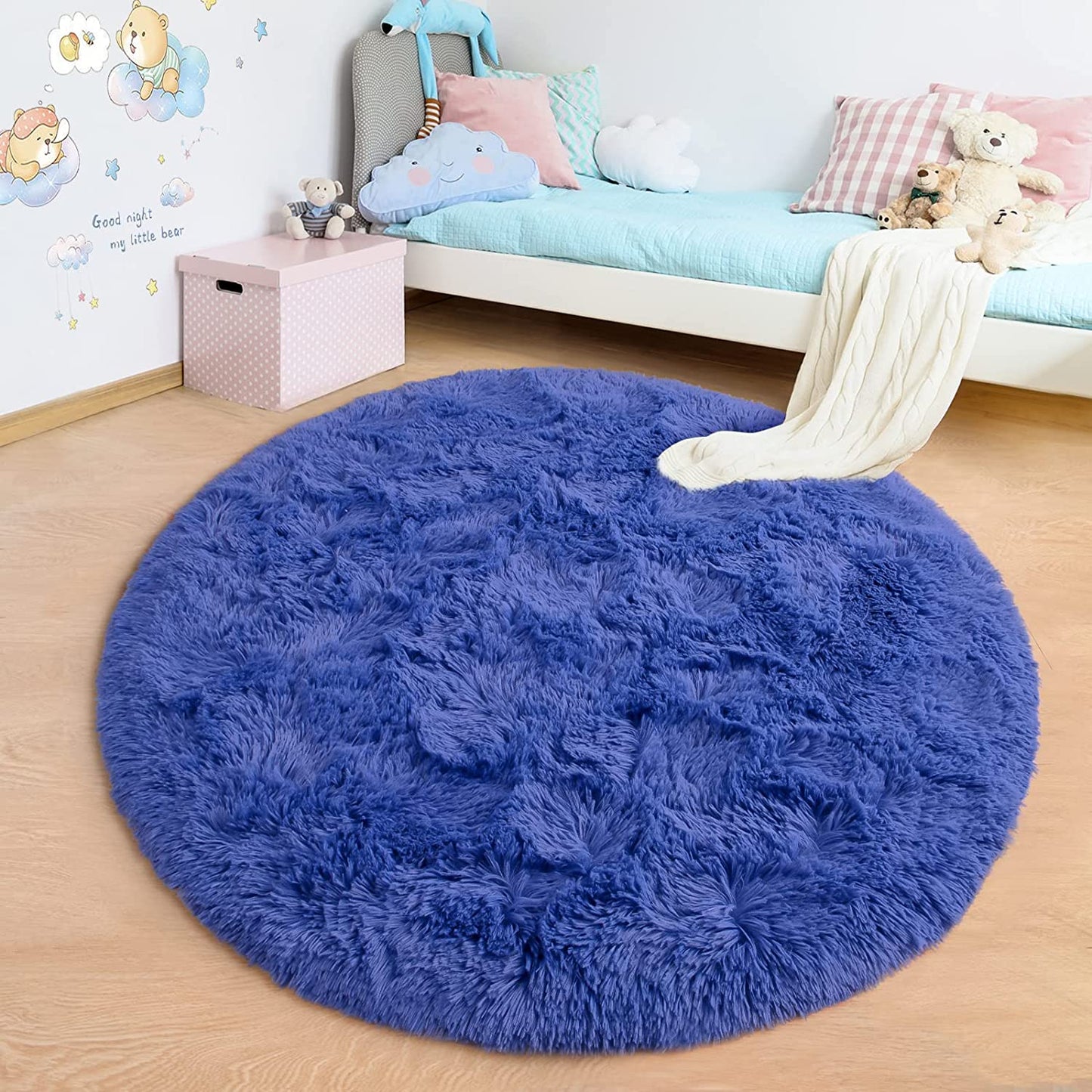 Fluffy Soft Area Rugs for Kids Bedroom Home Decor Circular Carpet, Navy Blue