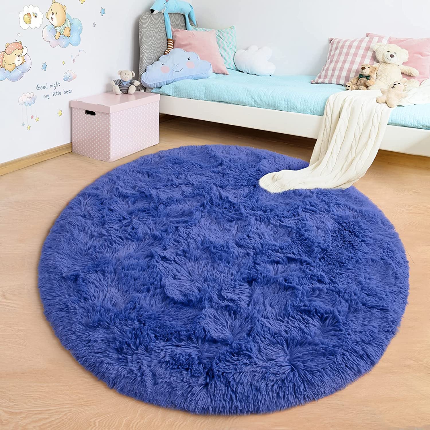Fluffy Soft Area Rugs for Kids Bedroom Home Decor Circular Carpet, Navy Blue