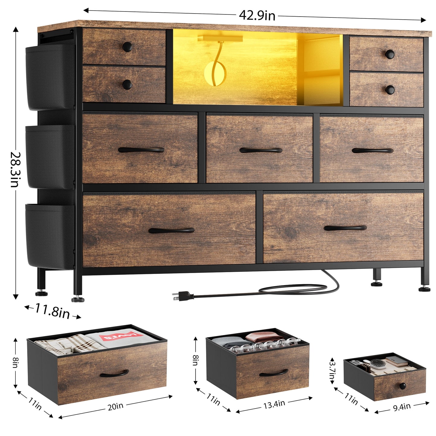 9 Drawer Dresser for Bedroom with Power Outlets LED Lights, Fabric Dresser Brown 