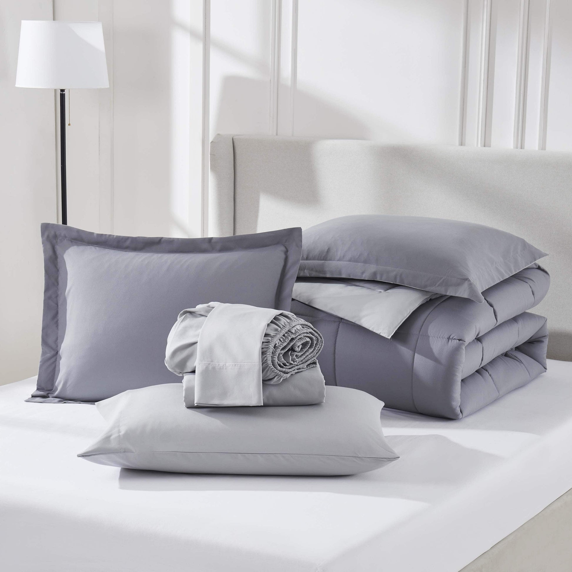 Queen Comforter Set, Bed in a Bag, 7 Pc Reversible Bedding Comforter Set with Sheets, Bedding Set, Gray