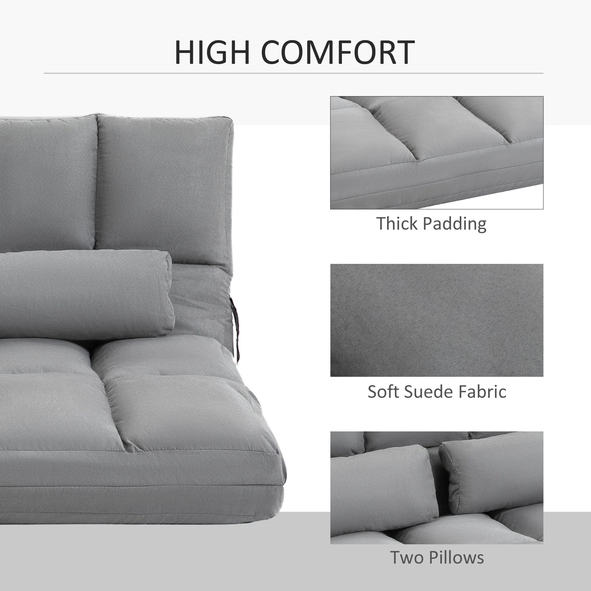 Folding Upholstered Couch Bed Gray Convertible Floor Sofa Chair Metal Frame Pillows